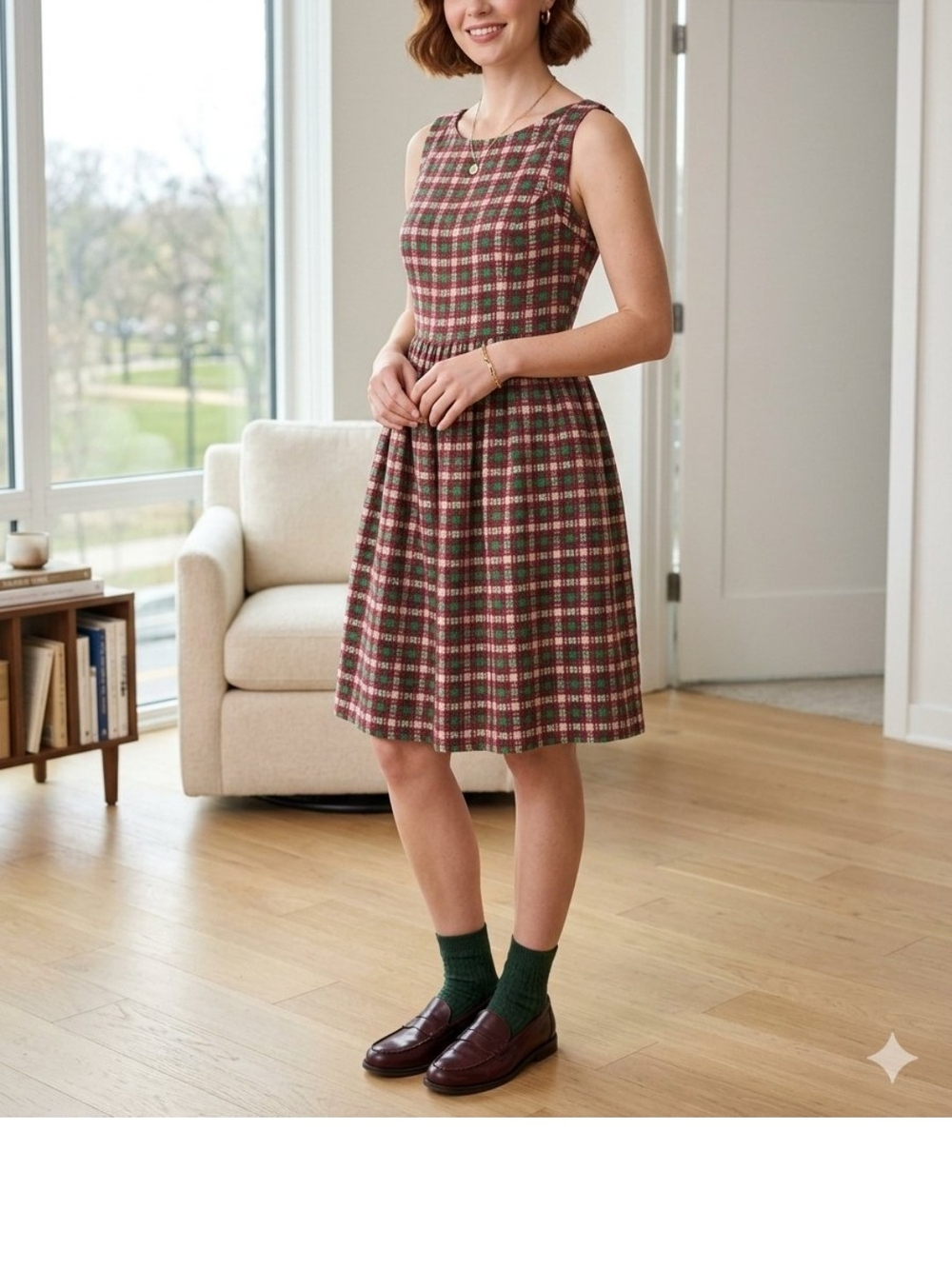 Saint Geraldine Chenille Woven Plaid Retro Dress Cozy Textured Green Maroon XL